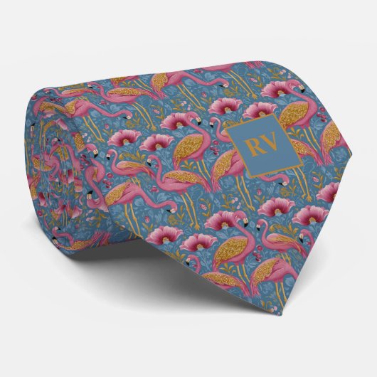 Flamingos mit goldenen Federn auf Blau Krawatte (Gerollt)