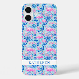 Flamingos mit rosa Blumen monogrammiert iPhone 16 Plus Hülle