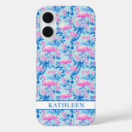 Flamingos mit rosa Blumen monogrammiert iPhone 16 Hülle