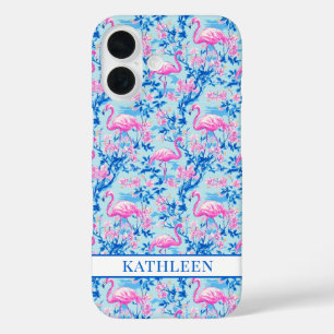 Flamingos mit rosa Blumen monogrammiert iPhone 16 Hülle