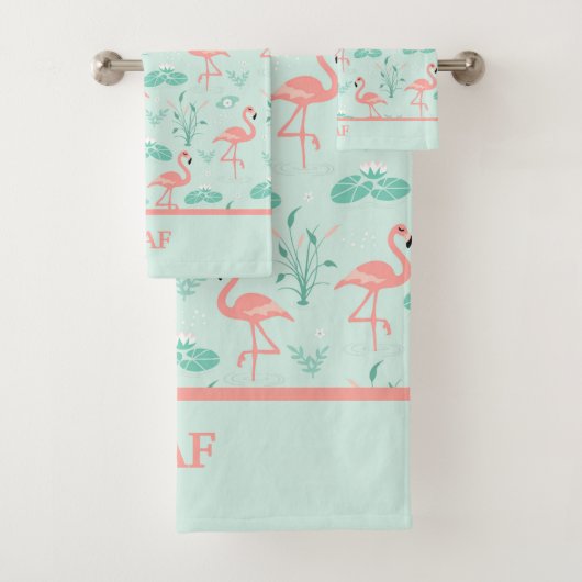 Flamingo's Monogram Tropical Bird Pink Green Badhandtuch Set (Insitu)