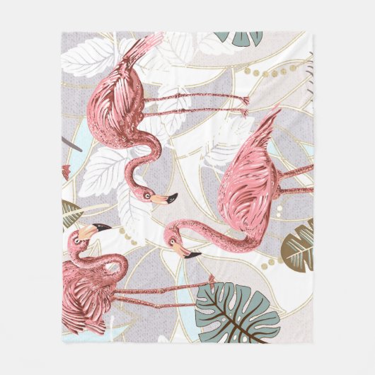 Flamingos, Palmen Blätter: Vintages Muster. Fleecedecke (Vorderseite)