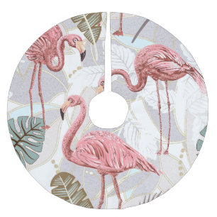 Flamingos, Palmen Blätter: Vintages Muster. Polyester Weihnachtsbaumdecke