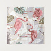 Flamingos, Palmen Blätter: Vintages Muster. Wandteppich (Vorderseite (Horizontal))