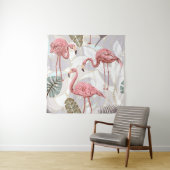 Flamingos, Palmen Blätter: Vintages Muster. Wandteppich (Beispiel)