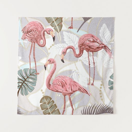 Flamingos, Palmen Blätter: Vintages Muster. Wandteppich (Vorderseite)