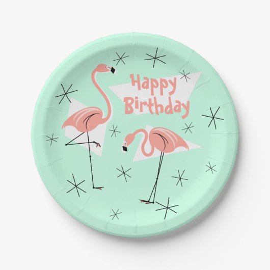 Flamingos Retro Green Happy Birthday Pappteller (Vorderseite)