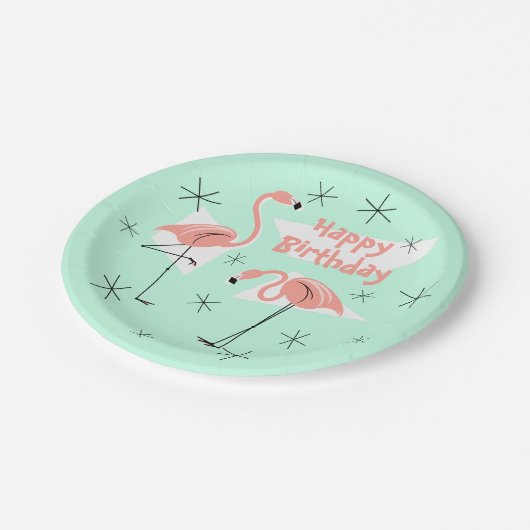 Flamingos Retro Green Happy Birthday Pappteller (Schrägansicht)