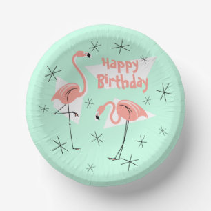 Flamingos Retro Green Happy Birthday Pappteller