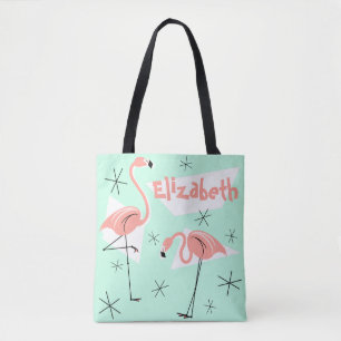 Flamingos Retro Green Name überall auf rosa Rückse Tasche