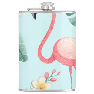 Flamingos Tropical Blume Wasserfarbenes Muster Flachmann