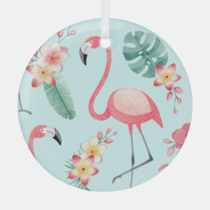 Flamingos Tropical Blume Wasserfarbenes Muster Ornament Aus Glas