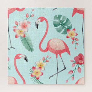 Flamingos Tropische Blumen Aquarell-Muster Puzzle