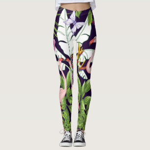Flamingos, tropische Pflanze: Vintages Muster. Leggings
