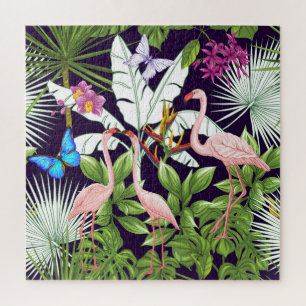 Flamingos, tropische Pflanze: Vintages Muster. Puzzle
