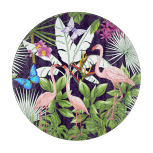 Flamingos, tropische Pflanze: Vintages Muster. Schneidebrett