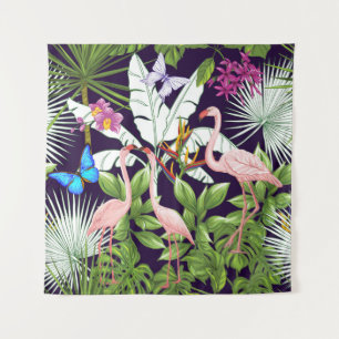 Flamingos, tropische Pflanze: Vintages Muster. Wandteppich
