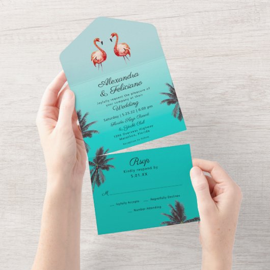 Flamingos Türkis Tropical Beach All In One Einladung (Abreißtisch)