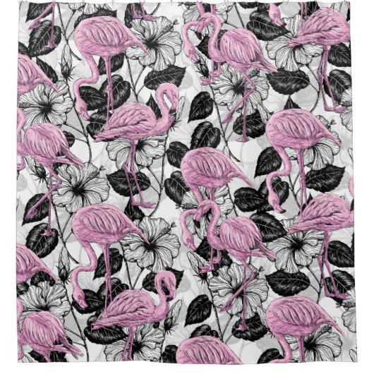 Flamingos und Hibiskus Blume Duschvorhang (Vorderseite)
