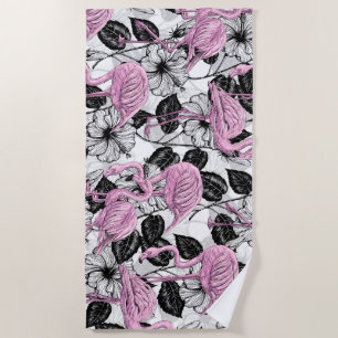 Flamingos und Hibiskus Blume Strandtuch