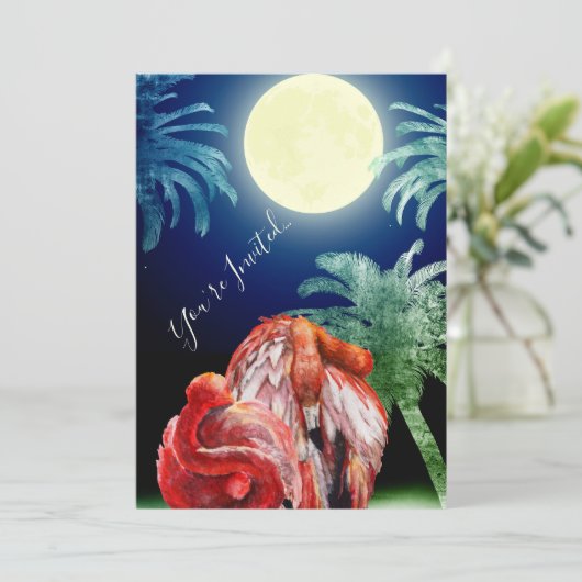 Flamingos und Moon Tropical Beach Hochzeit schlafe Einladung (Stehend Vorderseite)