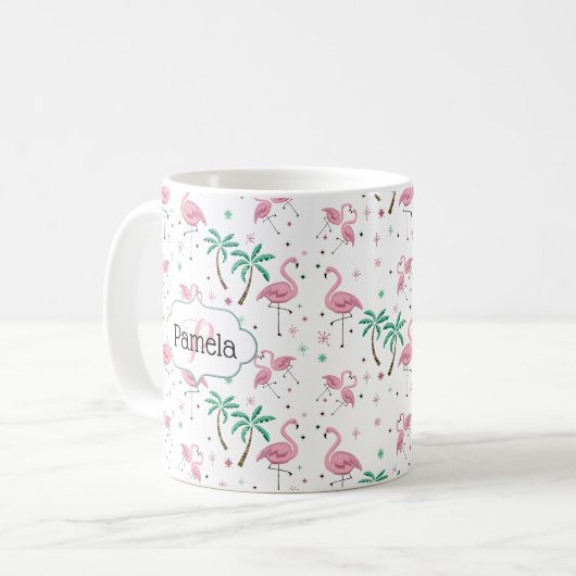 Flamingos und Palme-Atomart-Monogramm Kaffeetasse (Vorderseite Links)