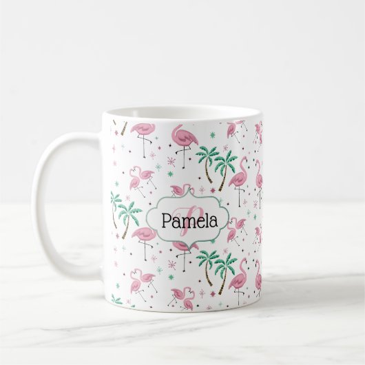 Flamingos und Palme-Atomart-Monogramm Kaffeetasse (Links)