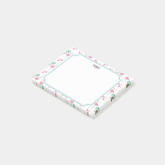 Flamingos und Palme-Atomart-Monogramm Post-it Klebezettel (angewinkelt)