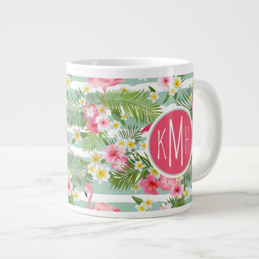 Flamingos und Streifen| Monogramm Jumbo-Tasse (Vorderseite Rechts)