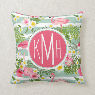 Flamingos und Streifen Monogramm Kissen