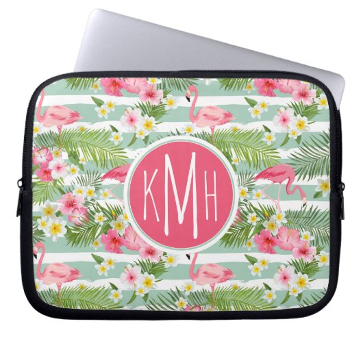 Flamingos und Streifen| Monogramm Laptopschutzhülle (Vorderseite)