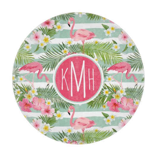 Flamingos und Streifen| Monogramm Schneidebrett (Vorderseite)