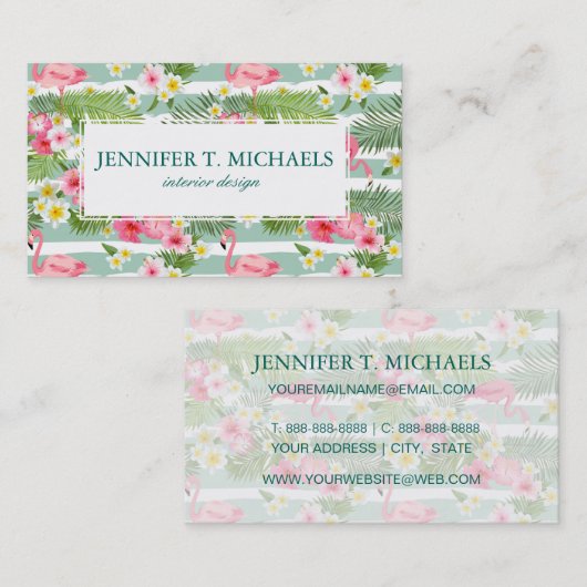 Flamingos und Streifen| Monogramm Visitenkarte (Vorne/Hinten)