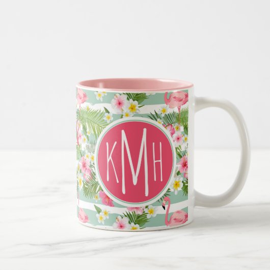 Flamingos und Streifen| Monogramm Zweifarbige Tasse (Rechts)