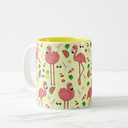 Flamingos und Summer Theme - Gelb Zweifarbige Tasse (Vorderseite Links)