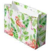 Flamingos und tropische Blätter Große Geschenktüte (Vorderseite Schrägansicht)