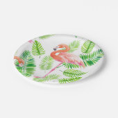 Flamingos und tropische Blätter Pappteller (Schrägansicht)