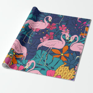 Flamingos vor einem Hintergrund aus tropischen Blä Geschenkpapier