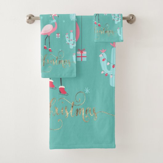 Flamingos Weihnachtsmannmütze präsentiert Schneefl Badhandtuch Set (Insitu)