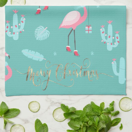 Flamingos Weihnachtsmannmütze präsentiert Schneefl Geschirrtuch (Gefaltet)