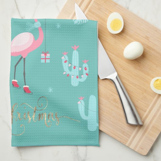 Flamingos Weihnachtsmannmütze präsentiert Schneefl Geschirrtuch (Viertel Falte)