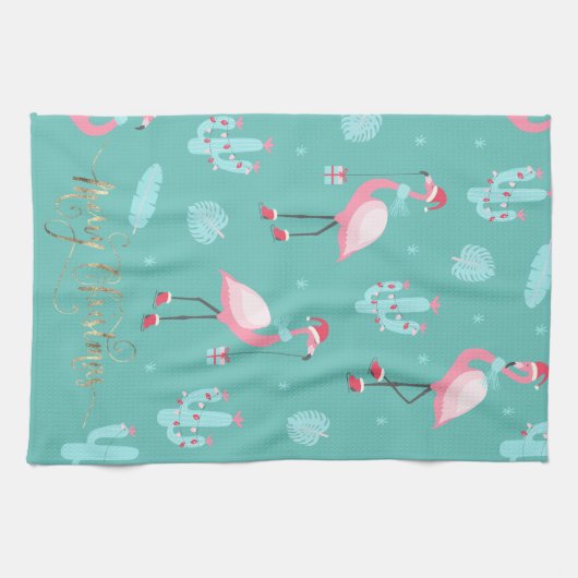 Flamingos Weihnachtsmannmütze präsentiert Schneefl Geschirrtuch (Horizontal)