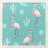 Flamingos Weihnachtsmannmütze präsentiert Schneefl Glasuntersetzer (Vorderseite)