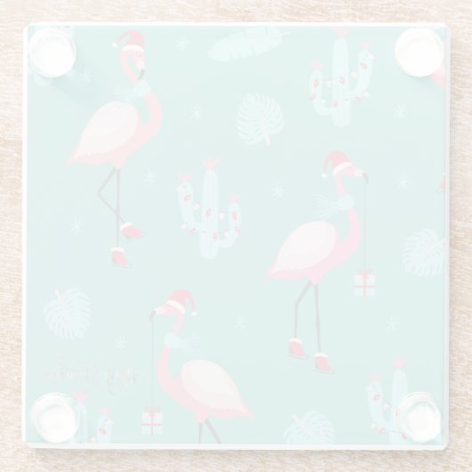 Flamingos Weihnachtsmannmütze präsentiert Schneefl Glasuntersetzer (Rückseite)
