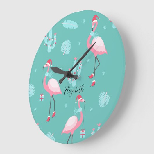 Flamingos Weihnachtsmannmütze präsentiert Schneefl Große Wanduhr (Winkel)