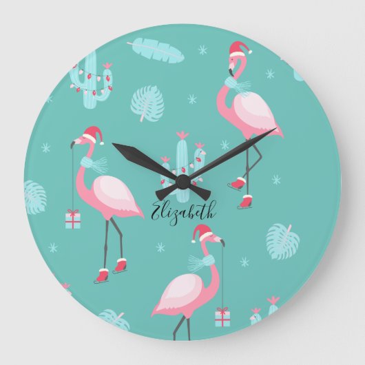Flamingos Weihnachtsmannmütze präsentiert Schneefl Große Wanduhr (Vorderseite)