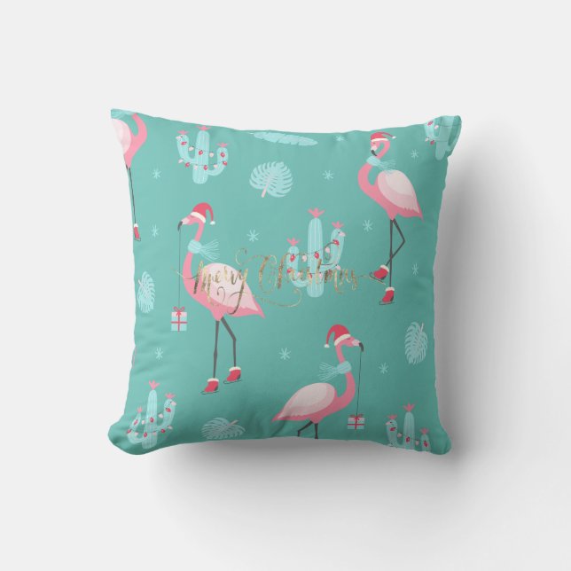 Flamingos Weihnachtsmannmütze präsentiert Schneefl Kissen (Vorderseite)