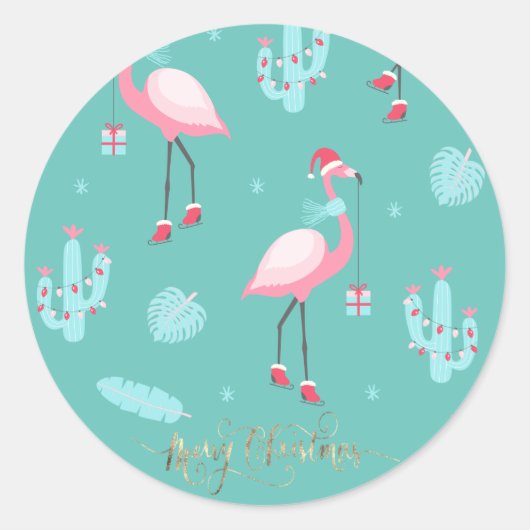 Flamingos Weihnachtsmannmütze präsentiert Schneefl Runder Aufkleber (Vorderseite)