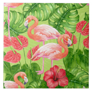 Flamingovögel und tropische Pflanzen Fliese