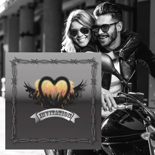 Flamme Heart RockNRoll Biker Wedding Einladung